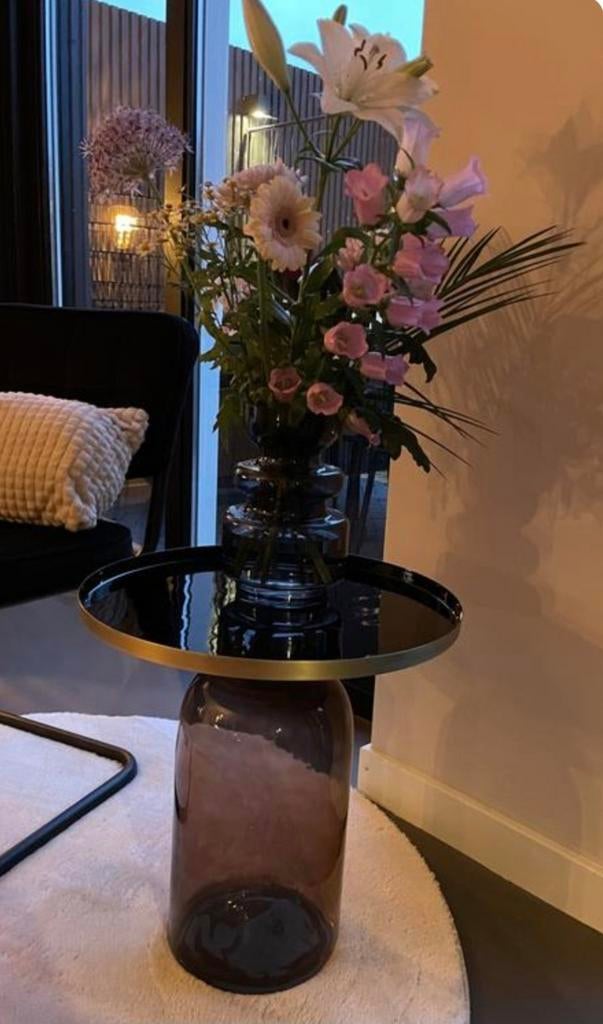 Bijzettafel Soof glas metaal bruin, Minder dan 55 cm, Rond, Modern, Glamour, Ophalen