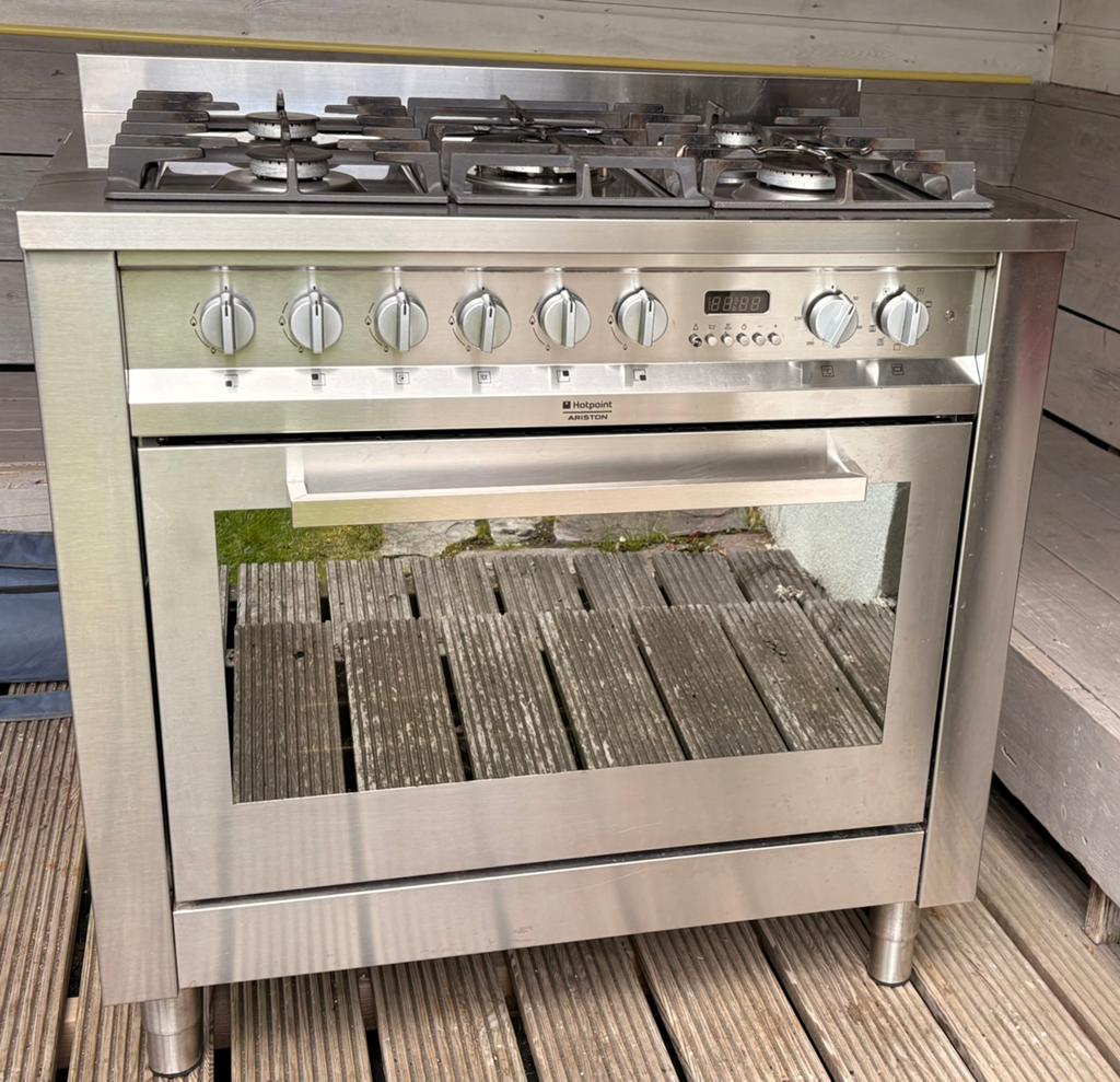 Gasfornuis met grote elektrische oven, 5 pits, 90 cm breed, Ophalen, Gebruikt, 60 cm of meer, Gas