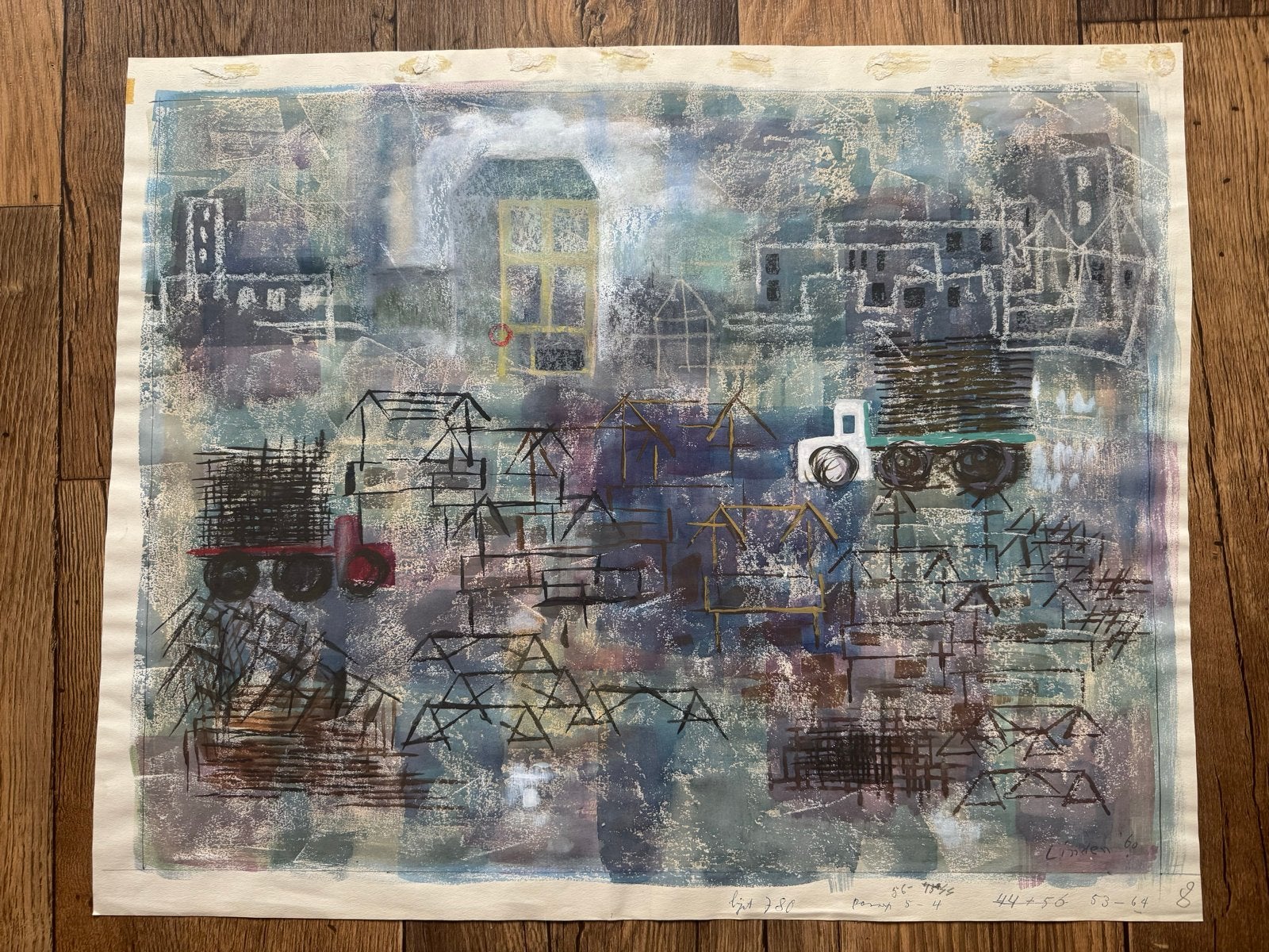 Abstract stadsgezicht tekening, Antiek en Kunst, Kunst | Schilderijen | Klassiek, Ophalen, Abstract, Origineel werk, Overige onderwerpen