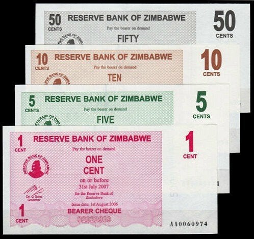 Zimbabwe 2006/2008, 4 biljetten 1, 5, 10 en 50 cents (UNC), Verzenden, Zimbabwe, Setje