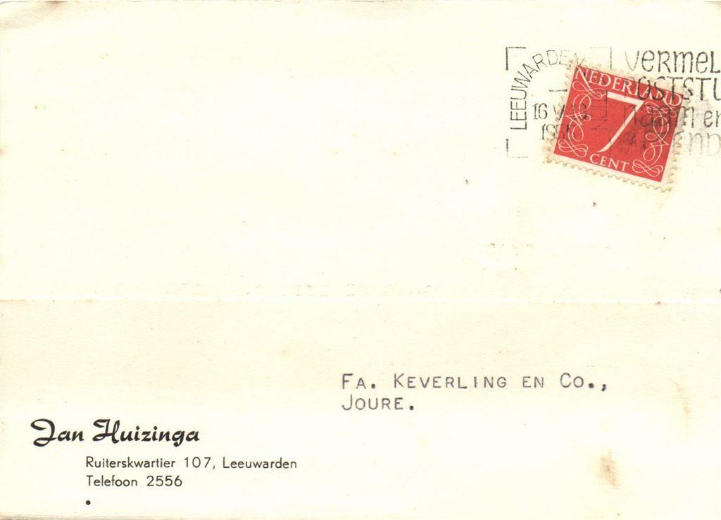 Jan Huizinga, Leeuwarden - 05.1955 - briefkaart, Ophalen of Verzenden, Briefkaart