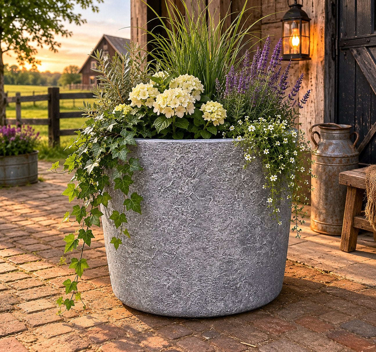 Grijze Bloempot Leisteen Look - Clayfiber, Ophalen, Steen, 40 cm of meer, Rond