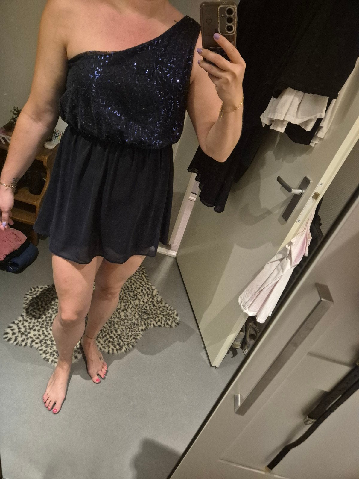 Blauw off shoulder feest jurkje met pailletten maat 40, Maat 38/40 (M), Atmosphere, Blauw, Ophalen of Verzenden