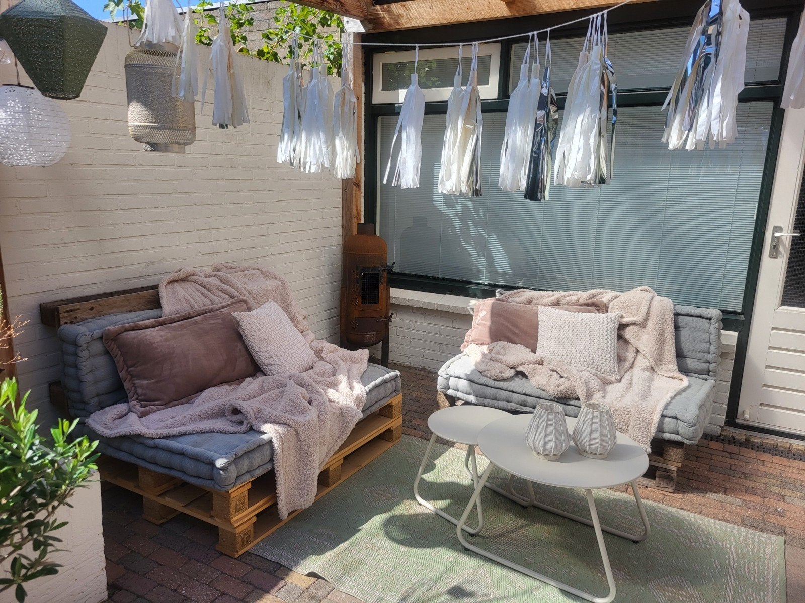 Pallet lounge set met kussens en kleedjes, Tuin en Terras, Tuinbanken, Ophalen