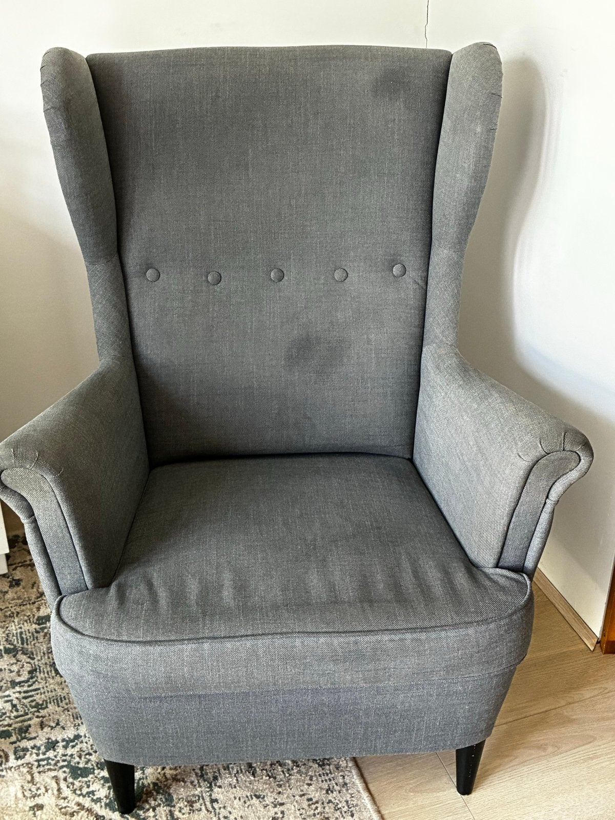 Ikea Strandmon - Grijze oorfauteuil - comfortabele fauteuil, Ophalen, Gebruikt, Stof, 75 tot 100 cm