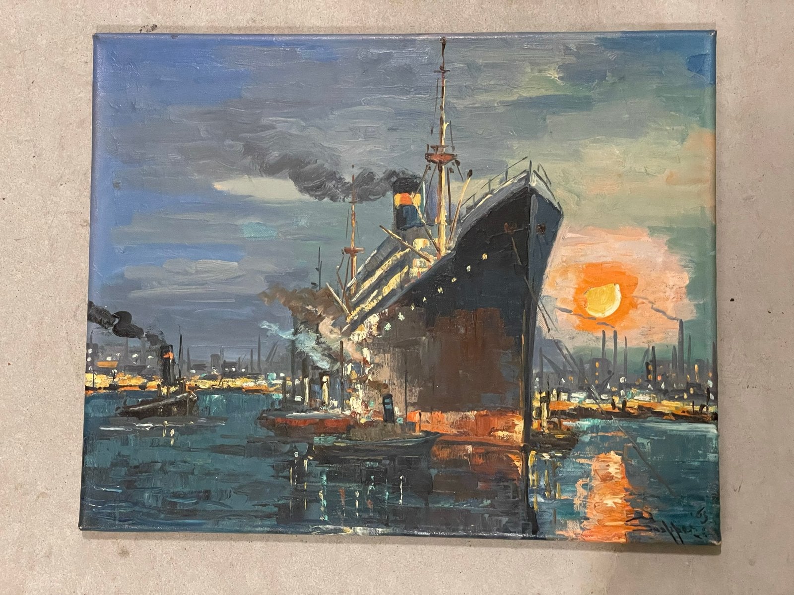 Maritiem Schilderij: Schip in Haven bij Zonsondergang, Antiek en Kunst, Maritiem / water, Doek, Realistisch, Ophalen of Verzenden