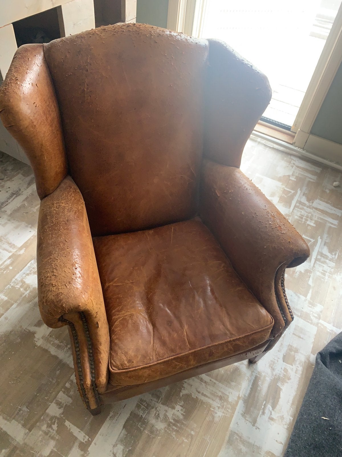 Vintage lederen stoel versleten maar ook, Ophalen, Oud vintage, Gebruikt, 50 tot 75 cm