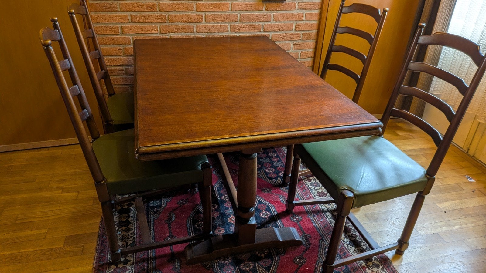 Eetkamertafel met 6 stoelen - vintage - 230cm, Ophalen, Teakhout, Zo goed als nieuw, Vijf personen of meer