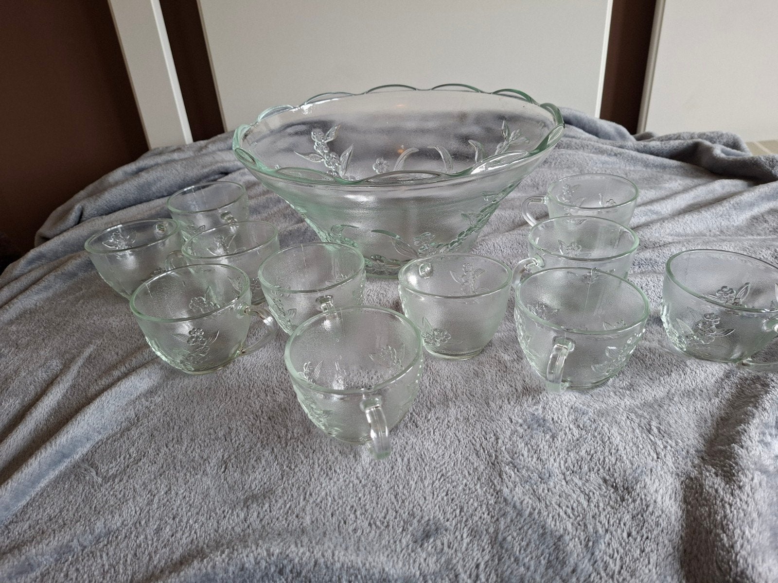 Vintage Glazen Punch Set met Kom en 10 Kopjes, Ophalen of Verzenden