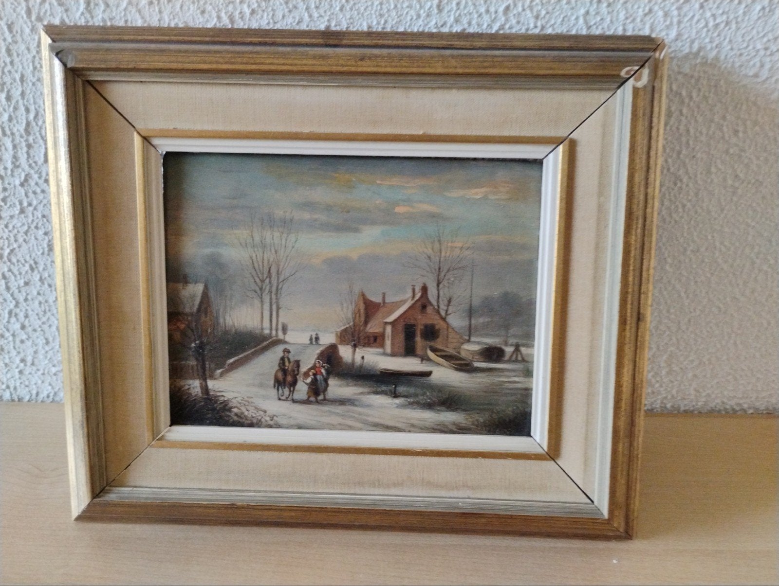 Winterlandschap met figuren, ingelijst schilderij, Antiek en Kunst, Ophalen of Verzenden
