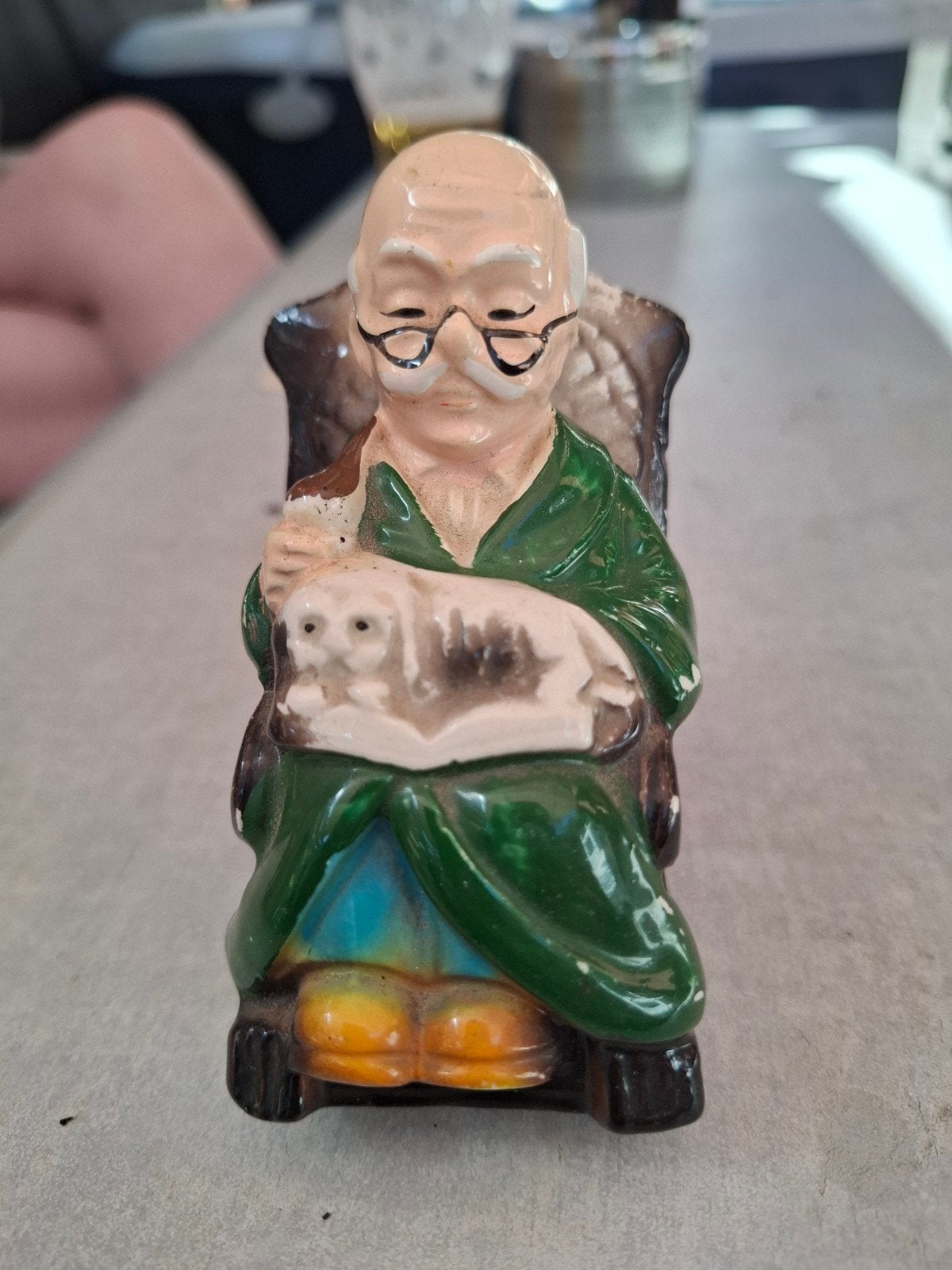 Vintage spaarpot oude man met hondje - Made in Taiwan, Ophalen of Verzenden