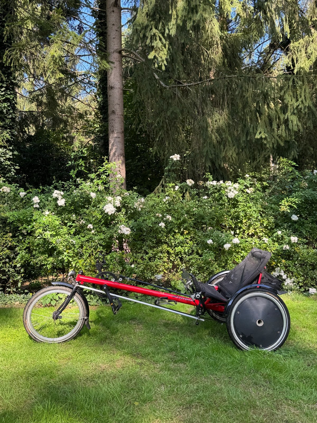 Hase Kettwiesel ligfiets driewieler rood, Ophalen of Verzenden, Gebruikt, Schijfrem