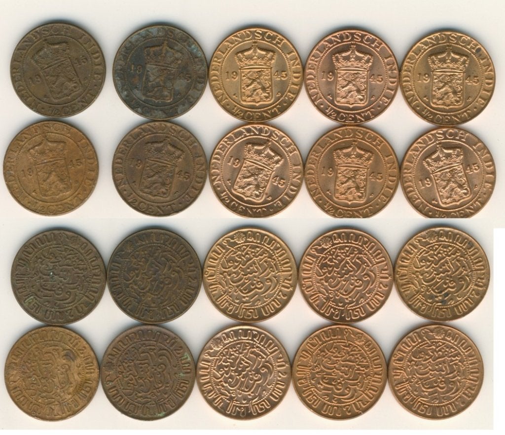 Nederlands Indie 10 x ½ Cent 1945 P Ned Indië Munt c-353a, Postzegels en Munten, Ophalen of Verzenden, Koningin Wilhelmina, 1 cent