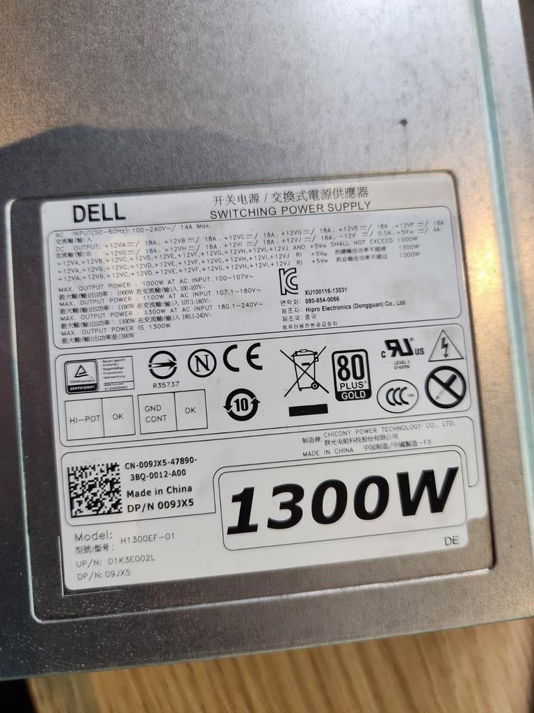 Dell 1300W H1300EF-01 Voeding Workstation, Computers en Software, Interne voedingen, Ophalen of Verzenden