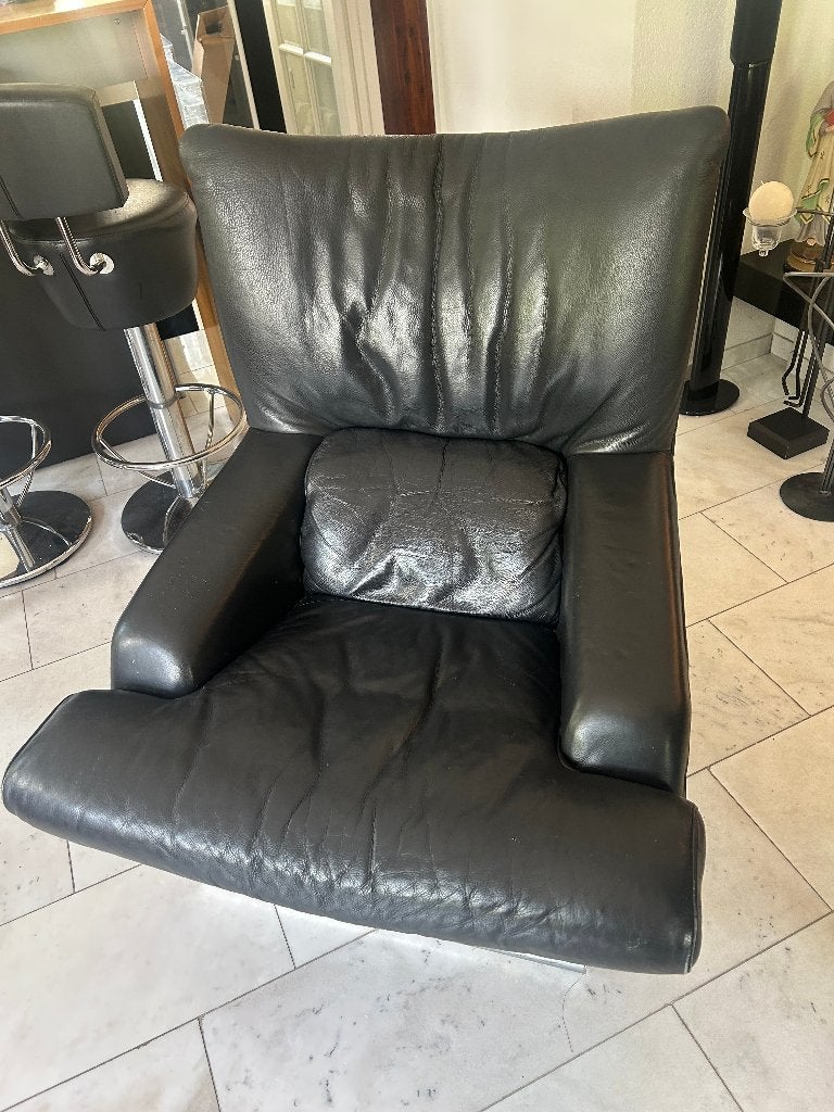 Rolf Benz 6500 Fauteuil Zwart Leer, Ophalen, Gebruikt, 75 tot 100 cm, 75 tot 100 cm
