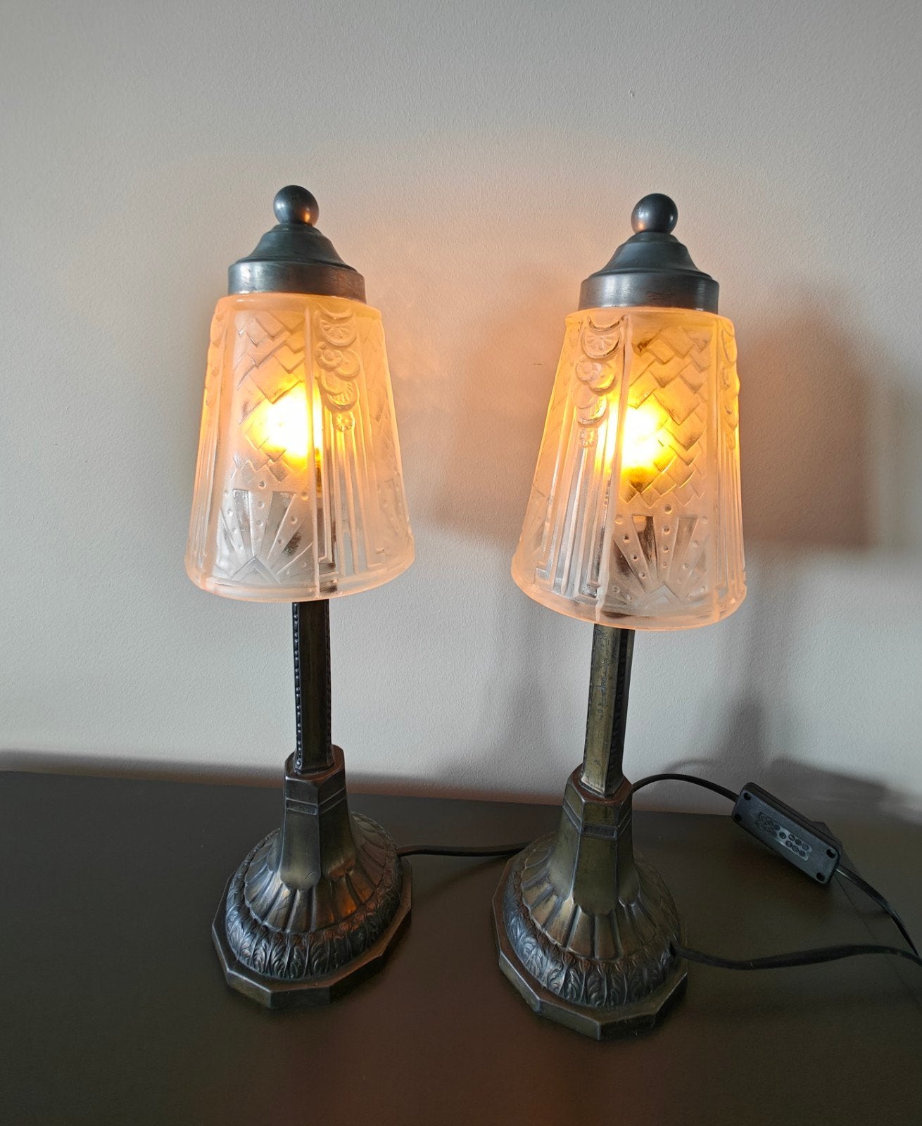 2 Art Deco Tafellampen, Gebruikt, Ophalen of Verzenden, Glas, Minder dan 50 cm