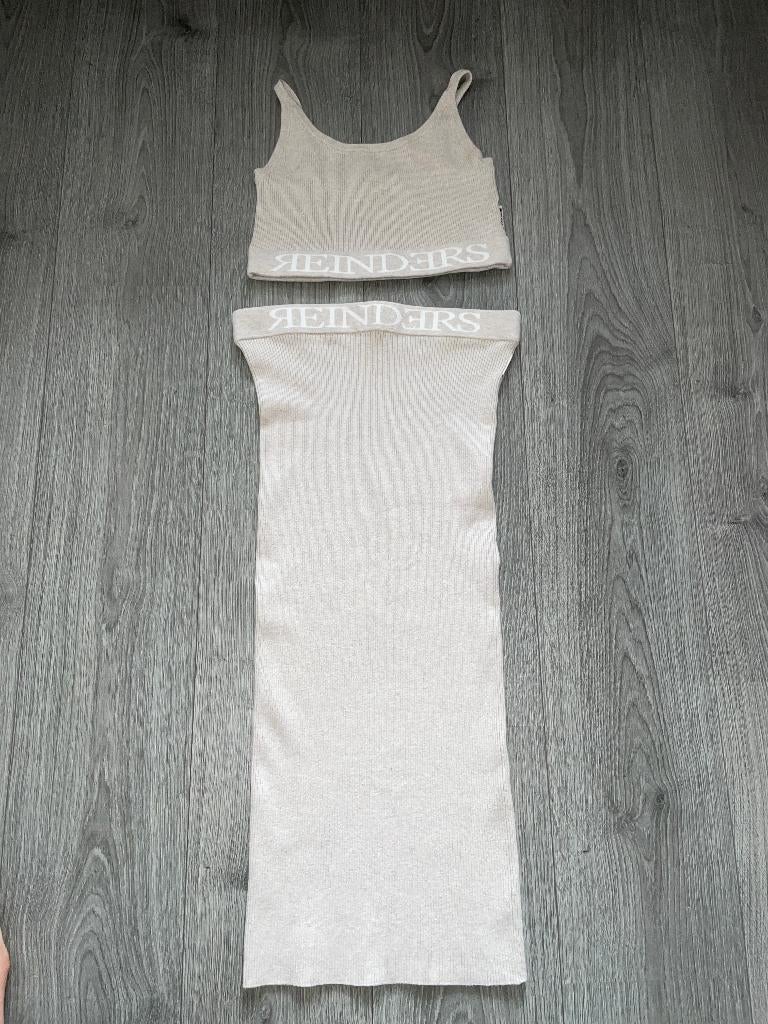 reinders beige tweedelig twin set rib top en rok mt M / L, Maat 38/40 (M), Reinders, Beige, Ophalen of Verzenden
