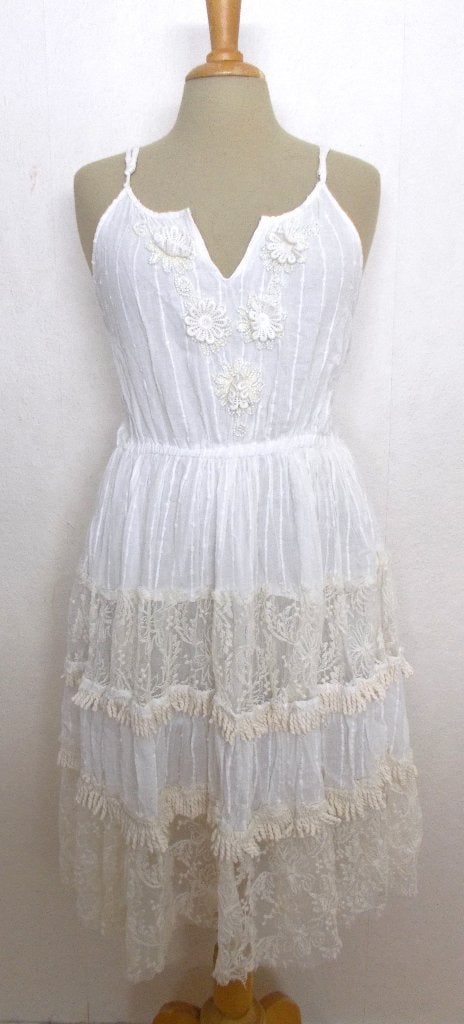 100% katoen wit/beige boho/Ibiza strokenjurkje met kant! L, Kleding | Dames, Verzenden, Wit, Maat 42/44 (L), Zo goed als nieuw