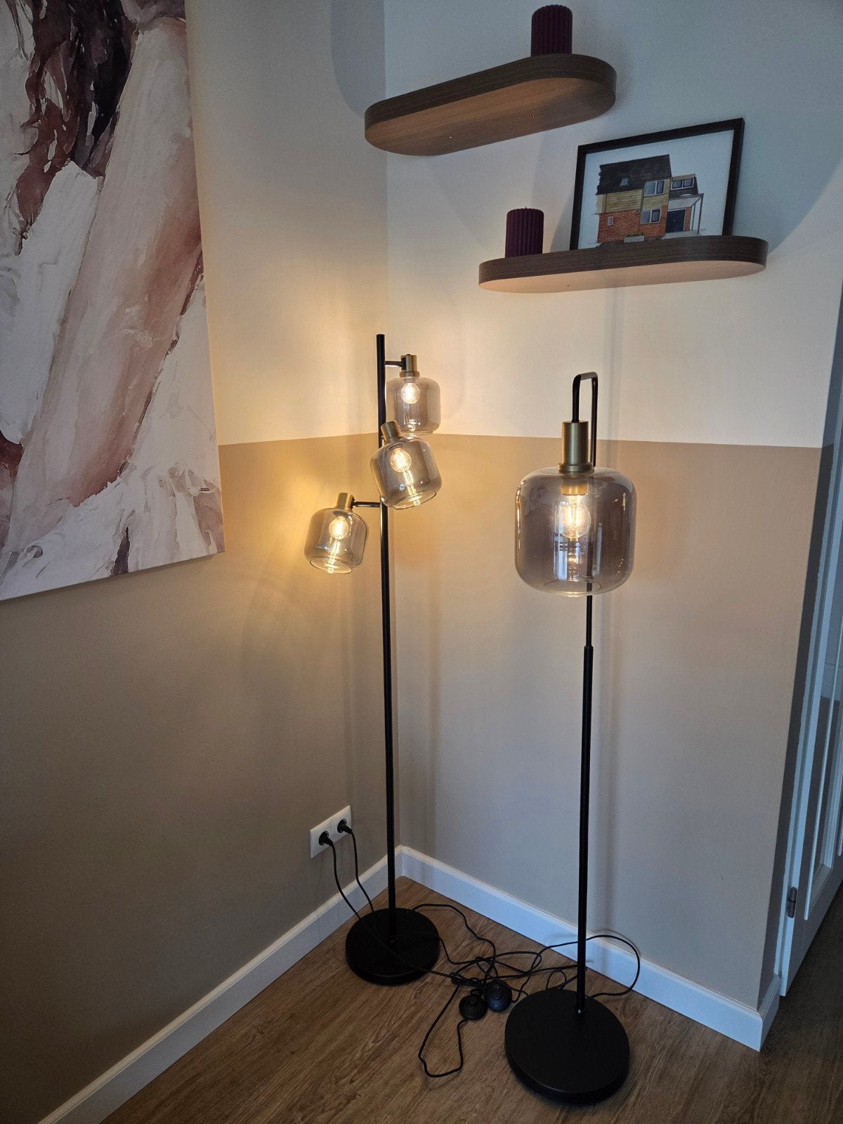 Set vloerlampen Zuzanne zwart met goud en smoke glas, Ophalen, E27 (groot), Minder dan 100 cm, Modern