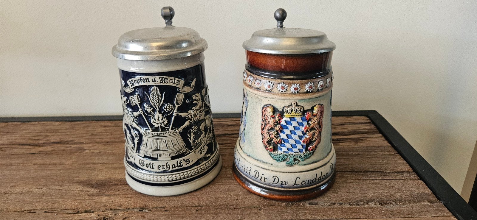 Set van 2 Vintage Duitse Bierpullen met Tinnen Deksel, Antiek en Kunst, Antiek | Keramiek en Aardewerk, Ophalen of Verzenden
