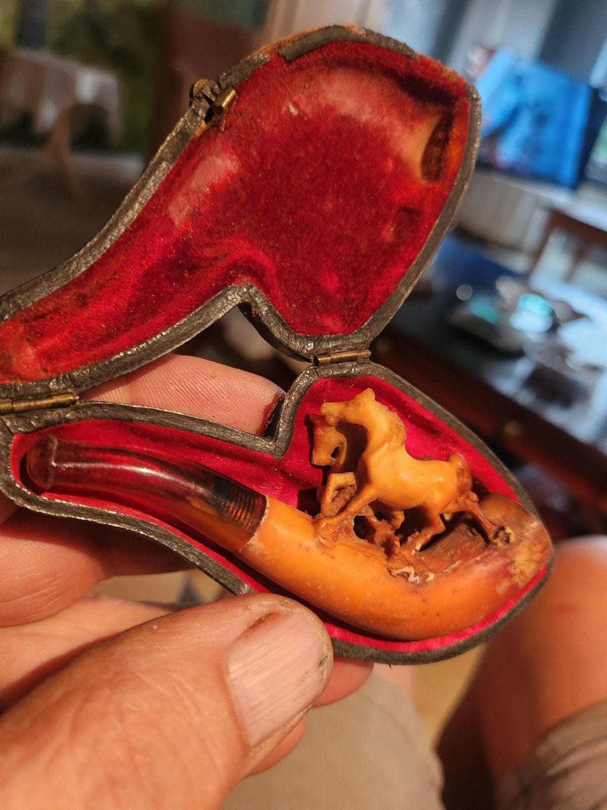 Antieke Meerschuim Pijp met Paardensculptuur in Etui, Ophalen of Verzenden
