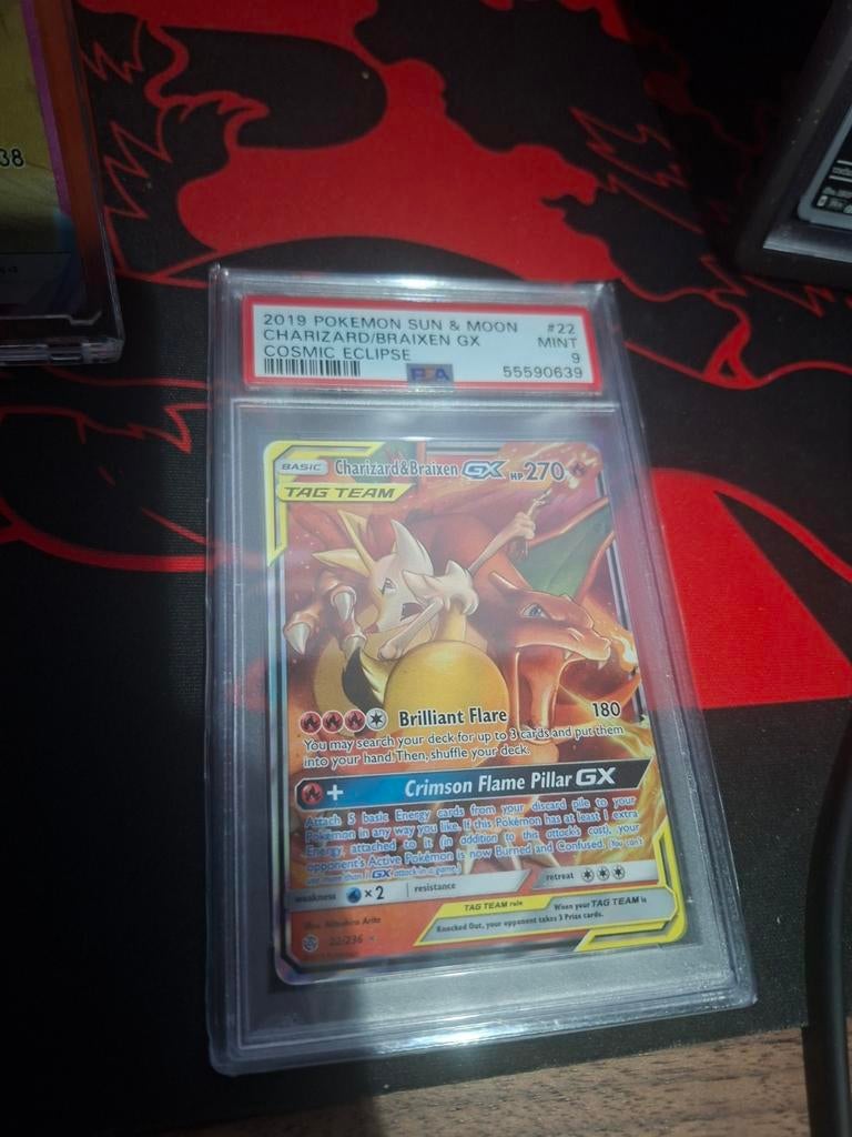 PSA 9 Charizard & Braixen GX Tag Team (2019) Pokemon Kaart, Ophalen of Verzenden, Zo goed als nieuw, Losse kaart