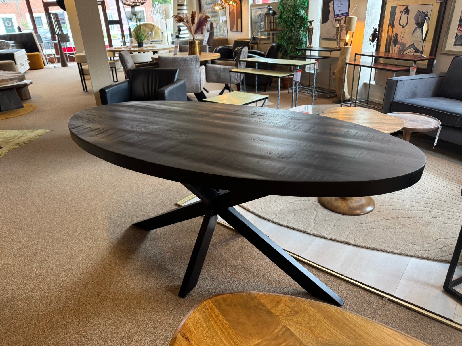 Eettafel ovaal 160 zwart Mango Direct/LeverbaarE-2016(1), #Eettafel#Zwart#Mangohout#Spinpoot#Tafels, Nieuw, 50 tot 100 cm, Mwonenenslapen