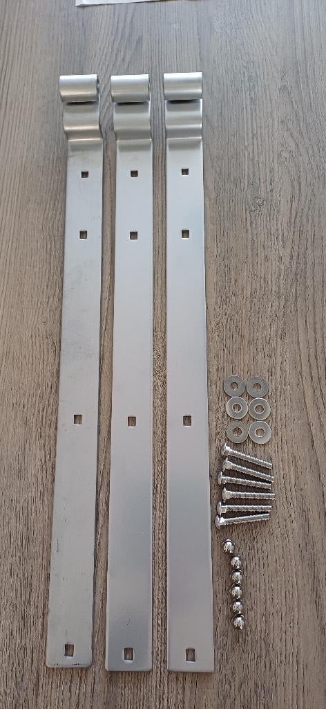3 nieuwe hengen + schroeven voor poort-/tuindeur, 62 cm lang, Ophalen of Verzenden, Nieuw, IJzer, Scharnier