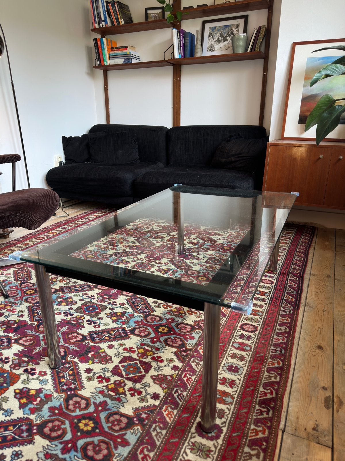 Metalen/Glazen Salontafel in Le Corbusier LC10-P stijl, Huis en Inrichting, Tafels | Salontafels, Ophalen, Gebruikt, 100 tot 150 cm