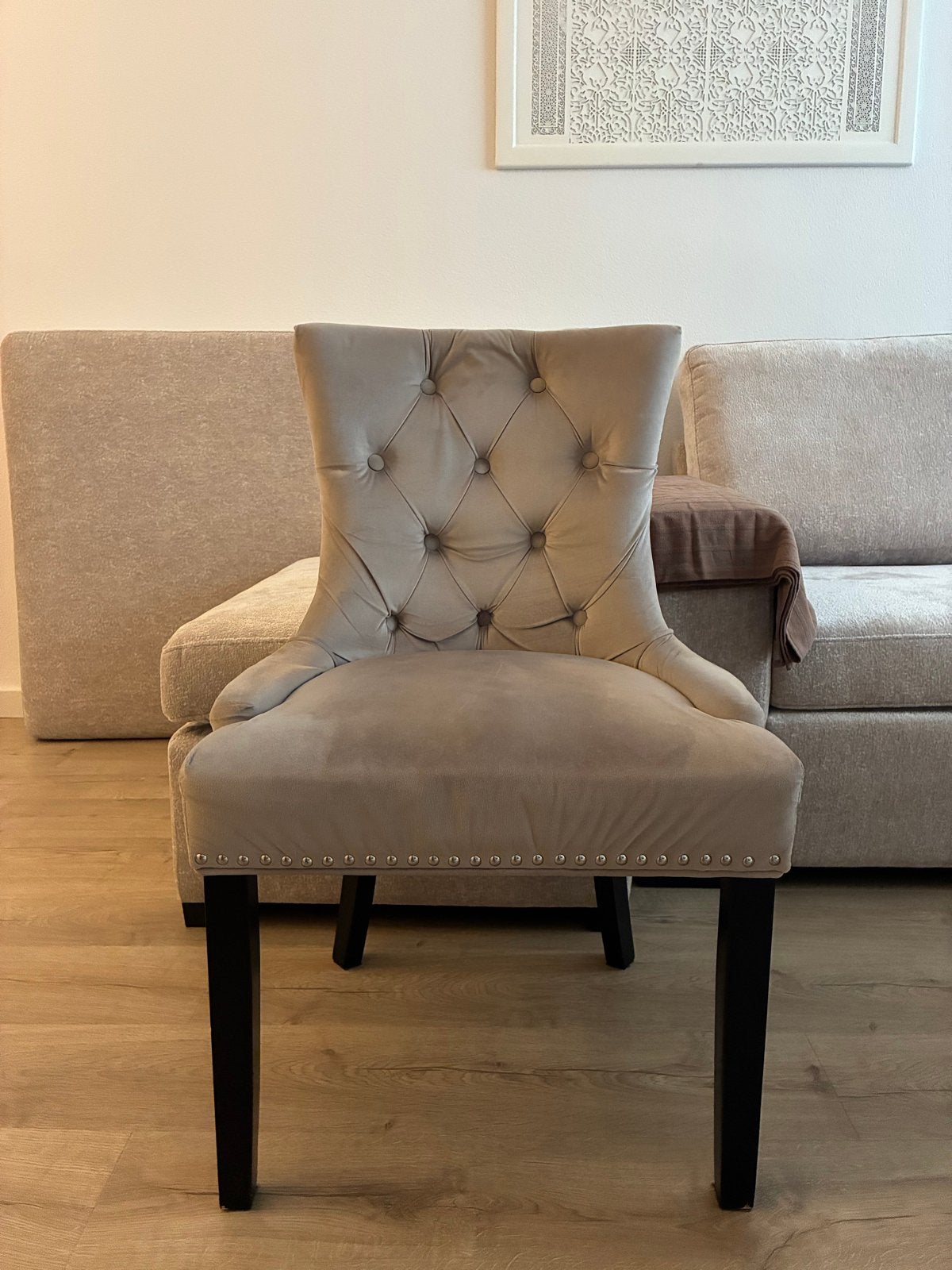 Set van 6 luxe eetkamerstoelen - Beige fluweel, Huis en Inrichting, Stoelen, Ophalen, Gebruikt, Overige kleuren, Stof