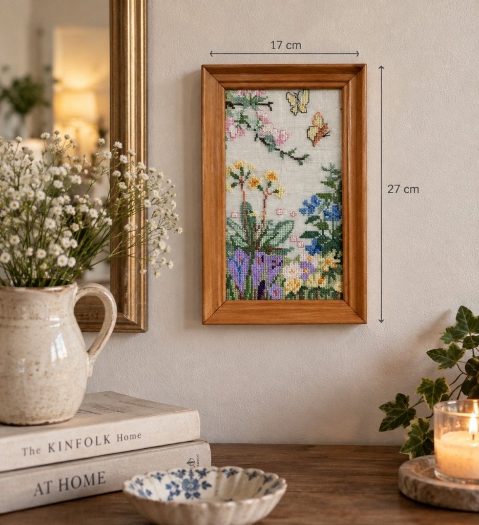 Vintage geborduurd bloemenschilderijtje, Ophalen of Verzenden