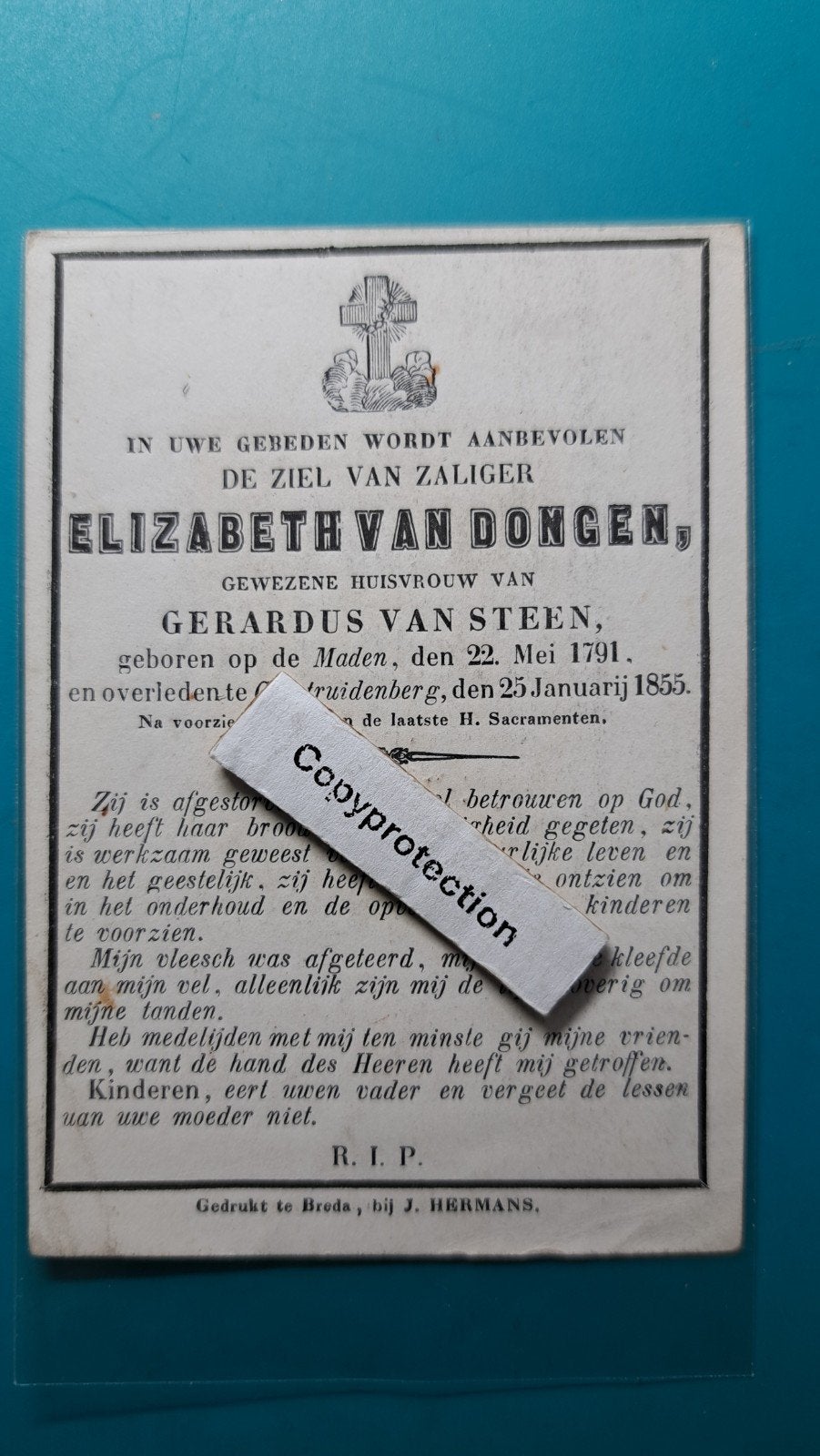Elizabeth van Dongen, Made 1791, + Geertruidenberg 1855, Verzamelen, Verzenden, Bidprentje