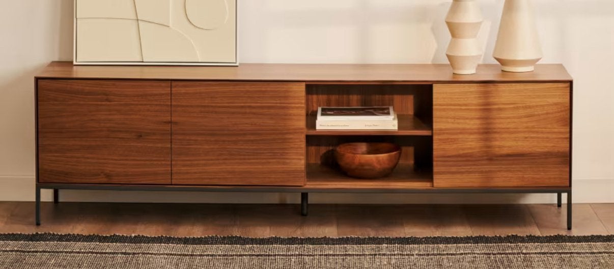 NEW TV-meubel/3 deuren in walnootfineer/zwarte stalen poten, Huis en Inrichting, Ophalen, 150 tot 200 cm, Nieuw, Minder dan 100 cm