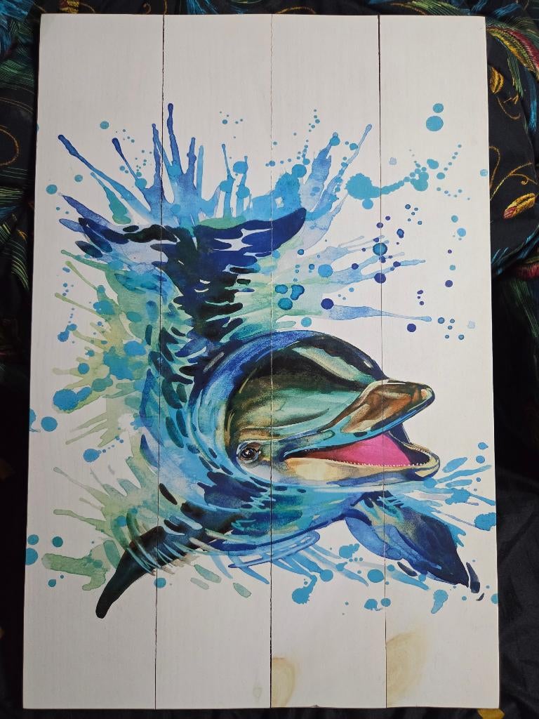 Schilderij dolfijn op hout, Ophalen, Minder dan 50 cm, 50 tot 75 cm, Zo goed als nieuw