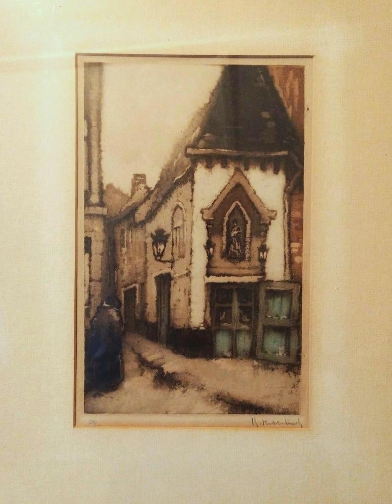 Ets van Roger Hebbelinck , stadsgezicht straatje België, Antiek en Kunst, Kunst | Etsen en Gravures, Ets, Genummerd, Gesigneerd