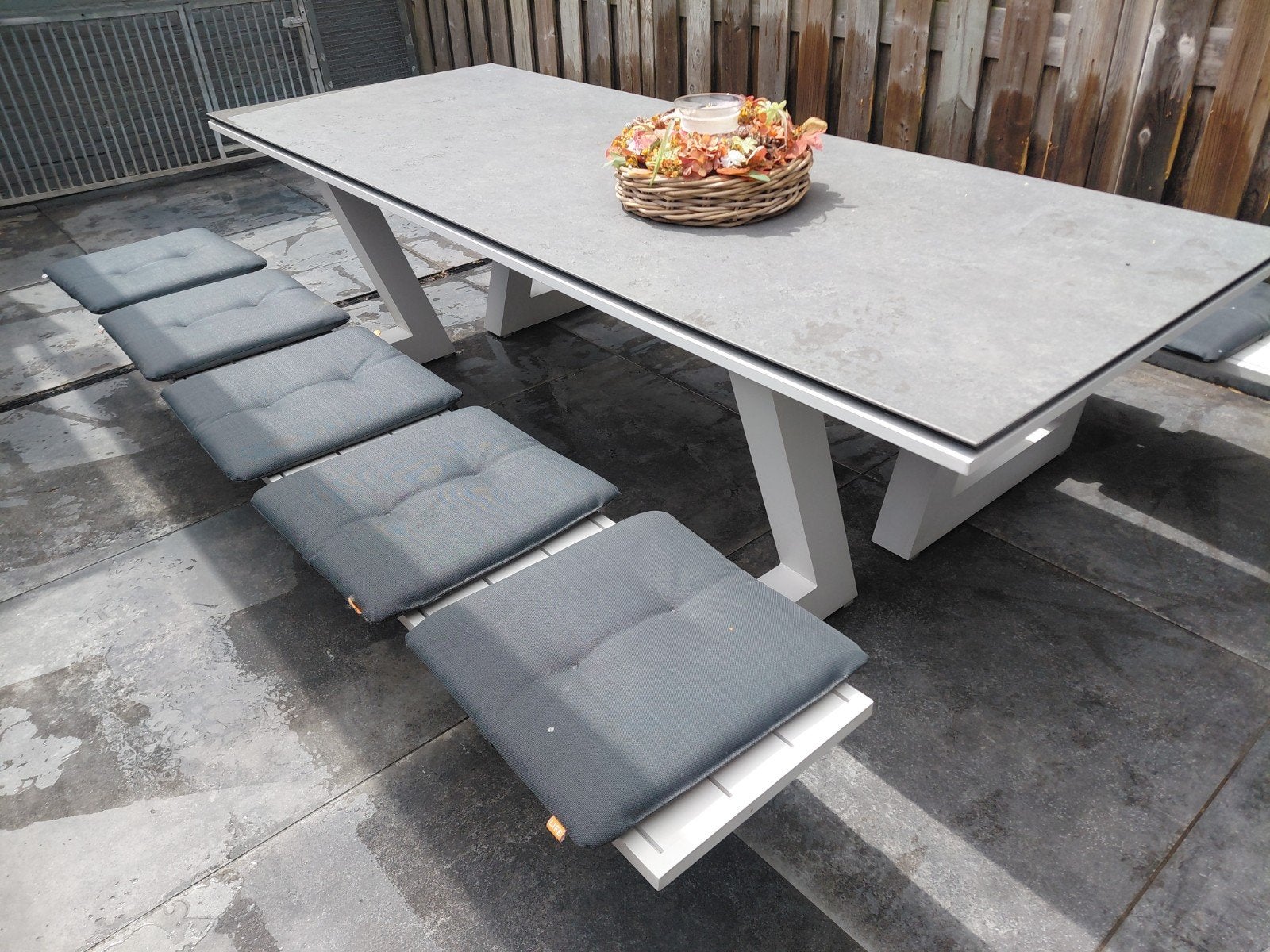 Grote Picknicktafel 260x100 cm voor 10 personen met kussens, Ophalen of Verzenden, Zo goed als nieuw, Rechthoekig, Overige materialen
