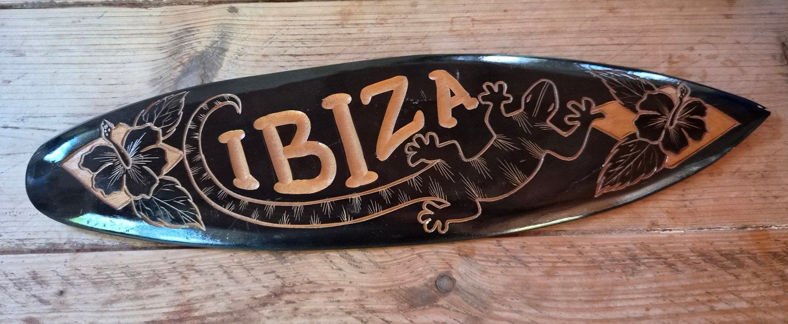 Ibiza decoratie bord met hagedis en bloemen, Hout, Mediterraans, Ophalen of Verzenden, Gebruikt
