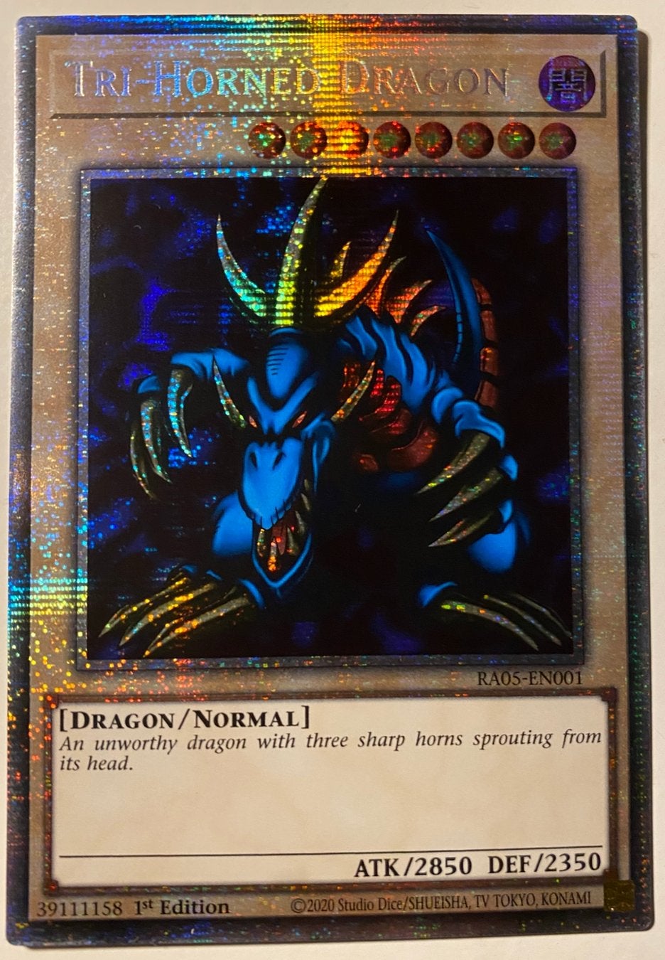 Yu-Gi-Oh! Tri-Horned Dragon RA05 1st Ed starlight Rare !, Ophalen of Verzenden, Zo goed als nieuw, Losse kaart, Foil