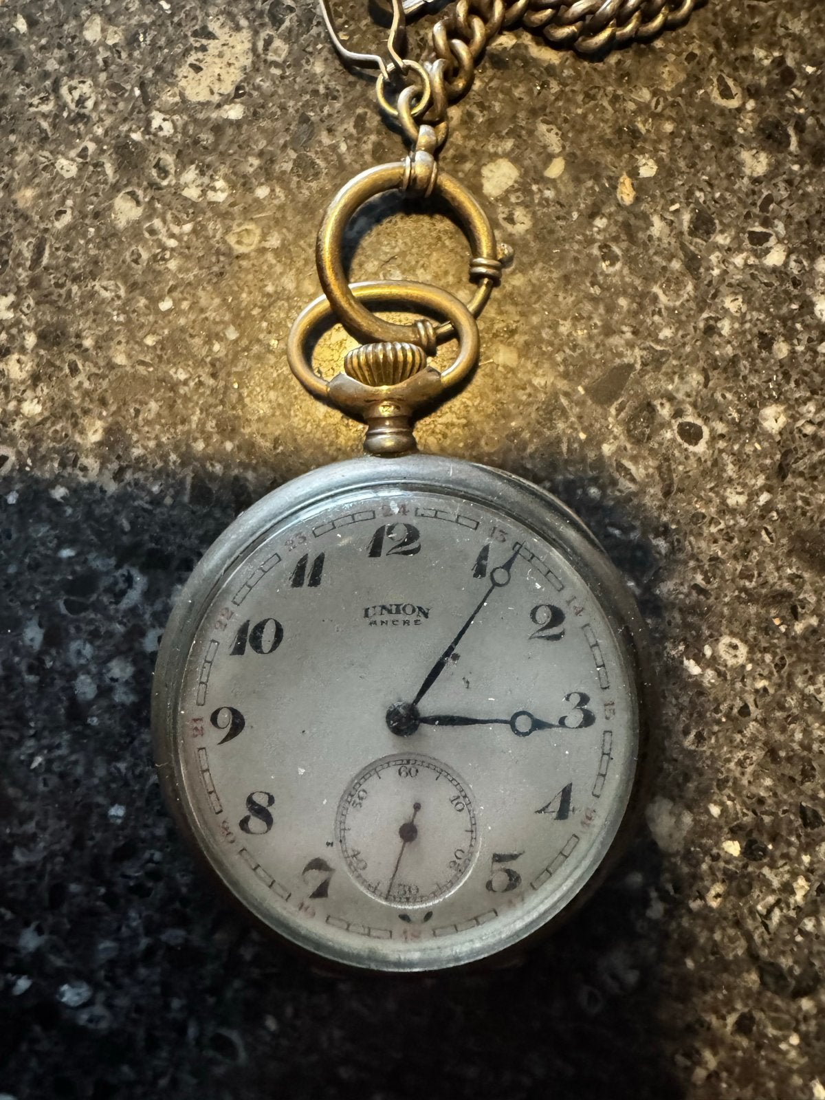 Antiek Union Ancre zakhorloge met ketting, Sieraden, Tassen en Uiterlijk, Overige merken, Overige materialen, Zakhorloge, 1900 tot 1930