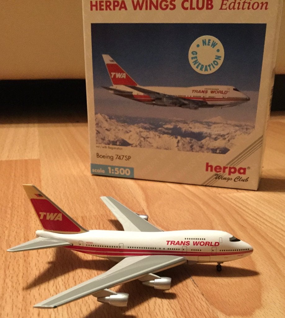 Herpa vliegtuig clubmodel 1:500 TWA Boeing 747SP reg. N57202, Ophalen of Verzenden, Zo goed als nieuw, Schaalmodel
