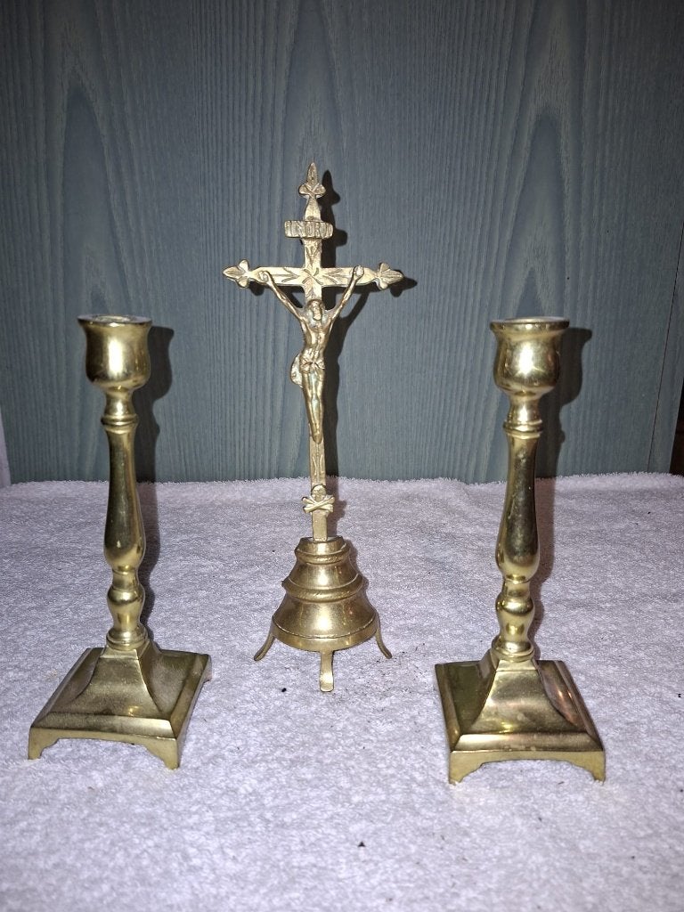 2 bronzen kandelaars met kruis, begin 1900, Antiek en Kunst, Ophalen of Verzenden