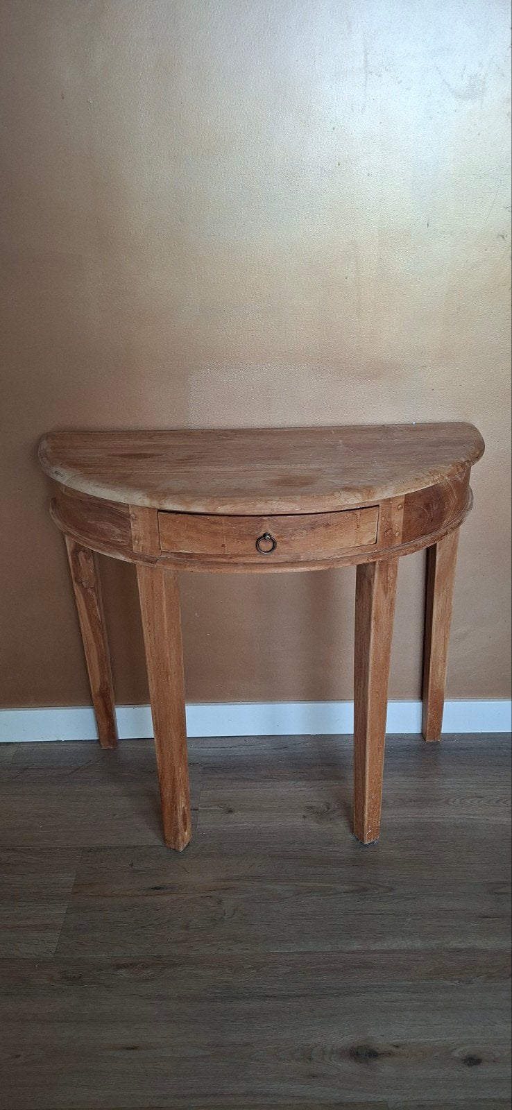 Houten halfronde sidetable met lade, Huis en Inrichting, Ophalen, Gebruikt, 75 cm of meer, Overige vormen