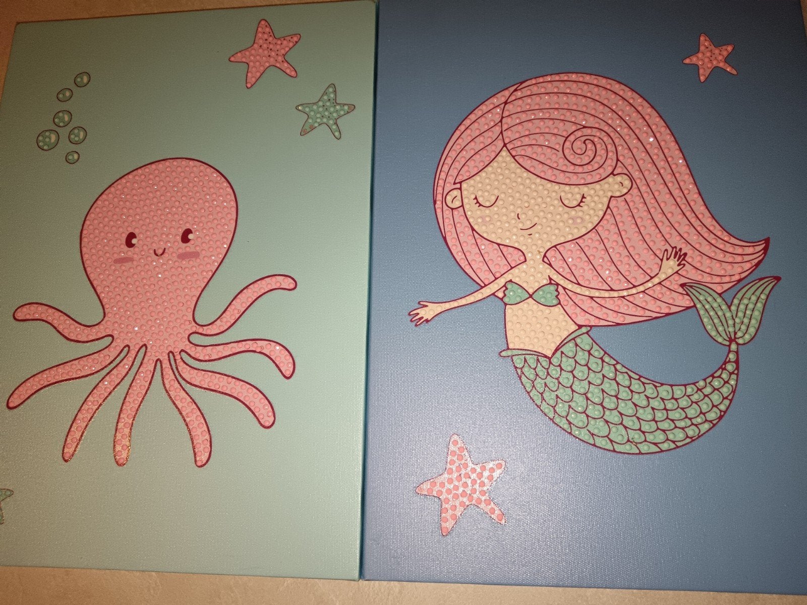 Leuke kinder canvas schilderijen: Zeemeermin en Octopus, Minder dan 50 cm, Gebruikt, Ophalen of Verzenden, Schilderij