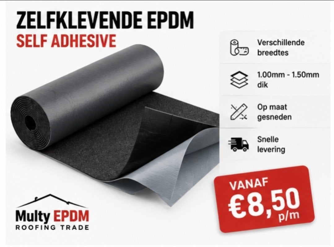 EPDM 1,3mm dik | Zelfklevend 1.50m Breed € 8,50m excl., Doe-het-zelf en Verbouw, Dakpannen en Dakbedekking, Ophalen, Overige materialen