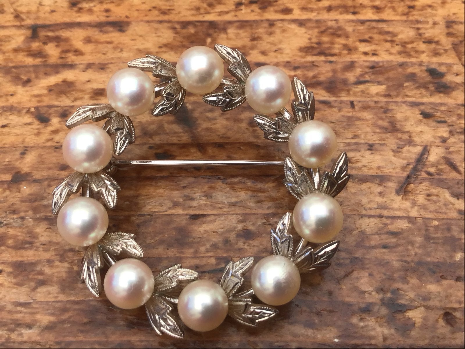 Mikimoto Japanse zilveren broche met echte Akoya parels 1950, 4 tot 7 cm, Gebruikt, Ophalen of Verzenden, Met parel