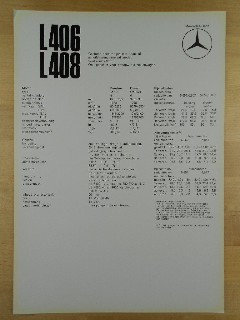 Mercedes 406 408 Technische Specificatie Brochure 1967 406D, Boeken, Zo goed als nieuw, Mercedes-Benz, Mercedes, Ophalen of Verzenden