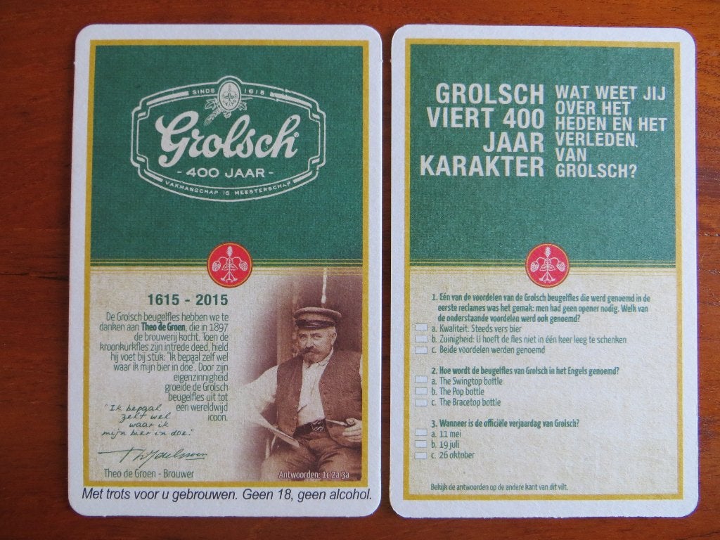 Jubileumviltjes Grolsch 400 jaar (viltje nr. 1, Ophalen of Verzenden, Nieuw, Viltje(s), Grolsch