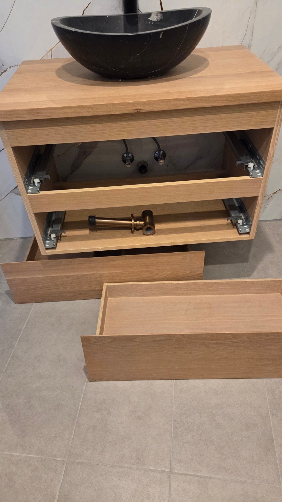 Wastafelmeubel met zwarte waskom en Hansgrohe kraan, Ophalen, Gebruikt, 50 tot 100 cm, Minder dan 100 cm