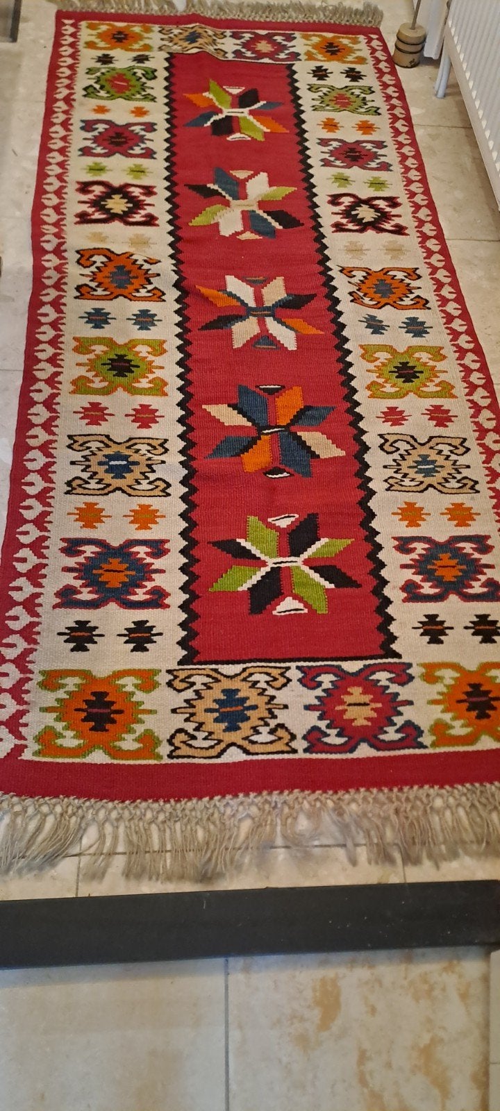 Handgeweven Kelim tapijt - 213 cm lang, Gebruikt, Blauw, 200 cm of meer, Rechthoekig