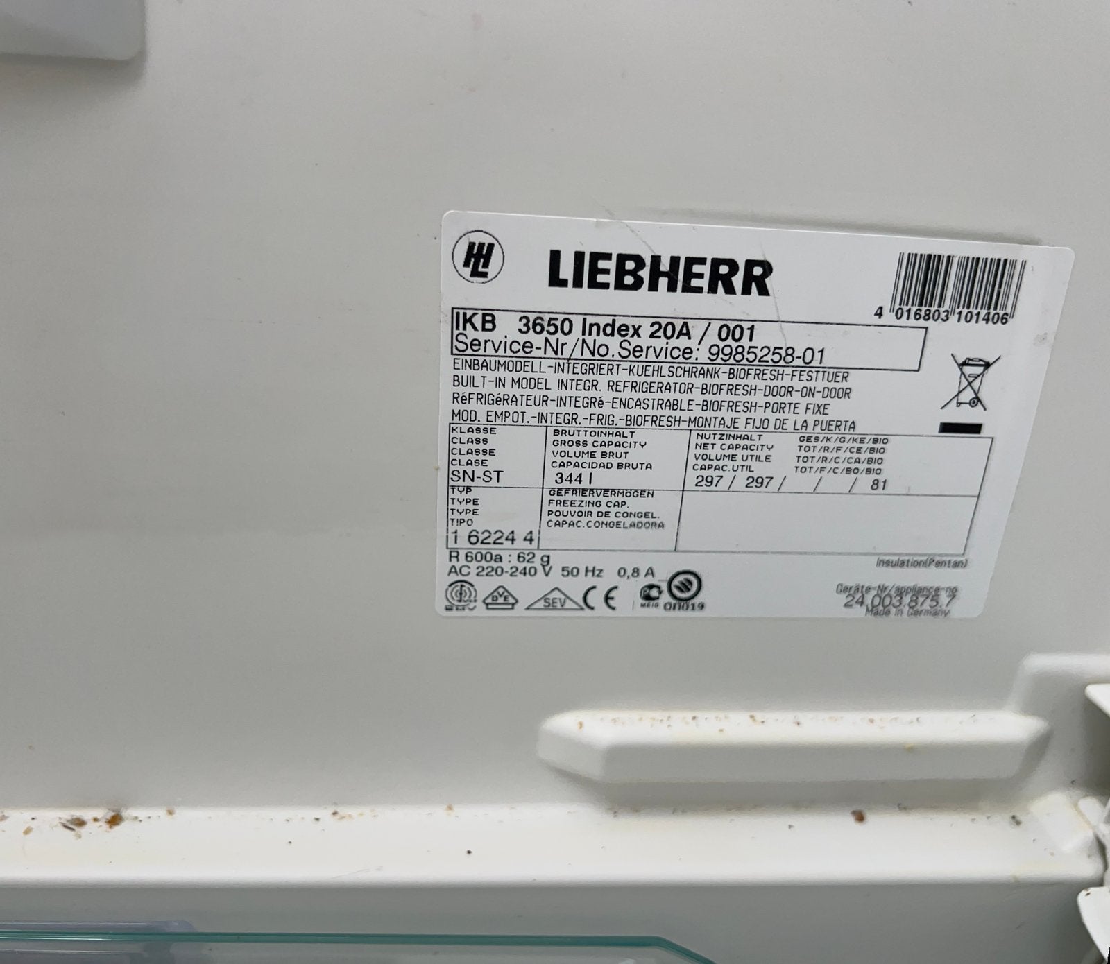 Liebherr koelkast. Inbouw in z g staat. 178 hoog, Zonder vriesvak, 200 liter of meer, Zo goed als nieuw, 160 cm of meer